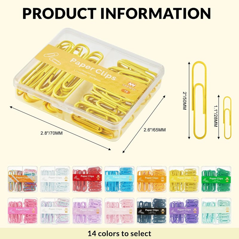 NEEWAY Colorful Paper Clips Assorted Sizes, Small and Large Paper Clips, 210 Count, 3 Pack of 70 (Yellow) - Image 2